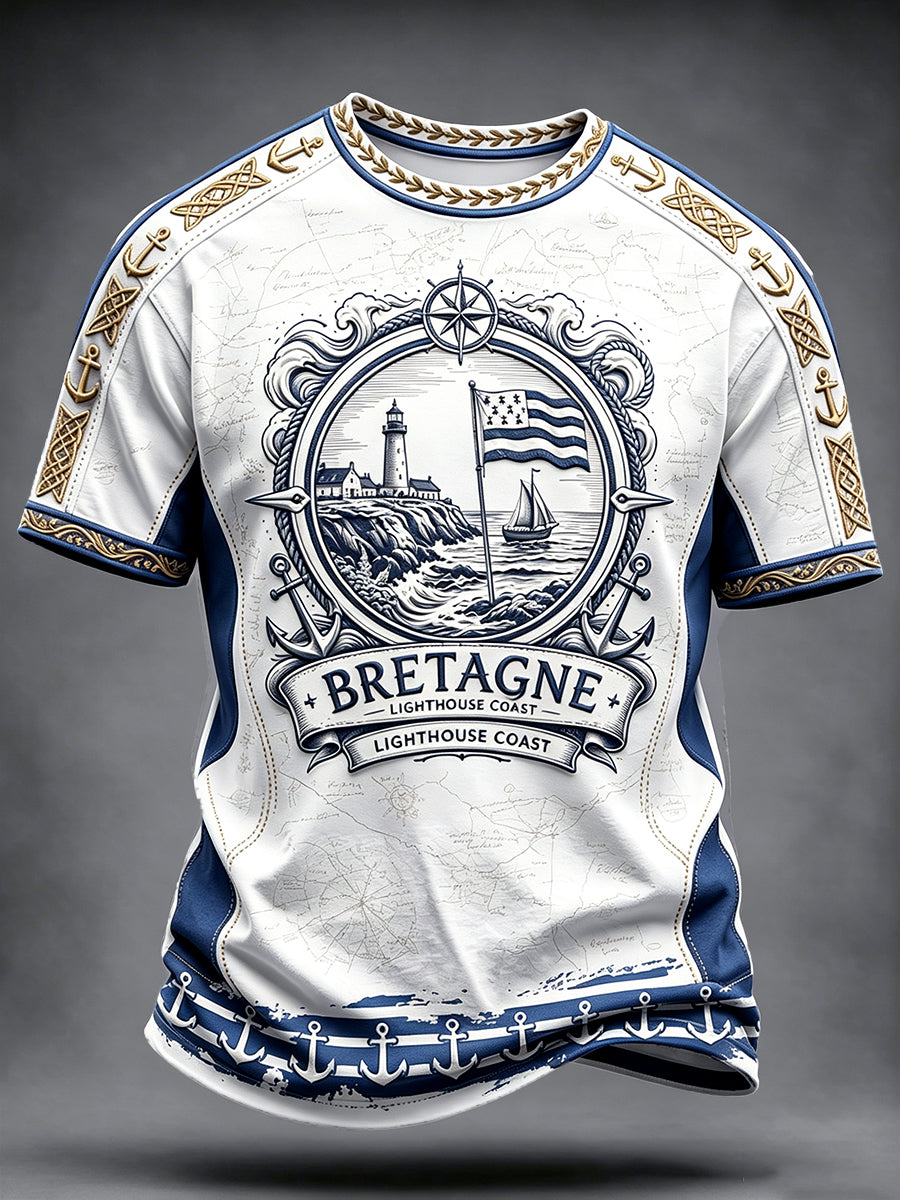 T-shirt décontracté blanc à imprimé patchwork culturel phare de style breton pour hommes