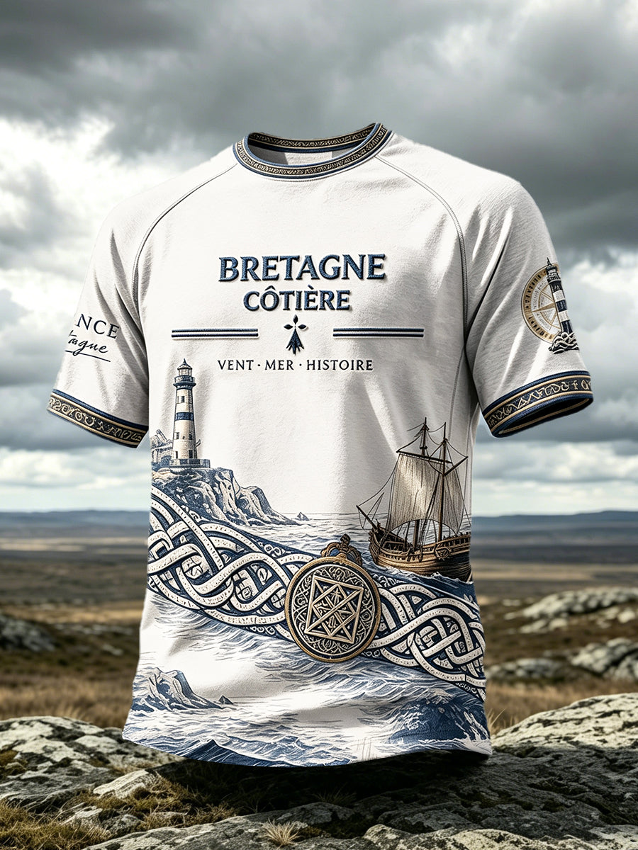 T-shirt décontracté à imprimé de phare de Bretagne française pour hommes