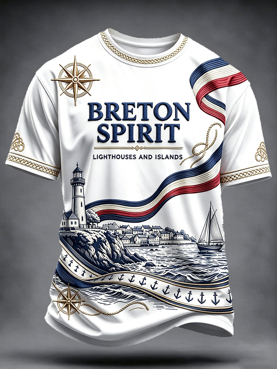 T-shirt décontracté blanc drapeau français Bretagne phare imprimé culturel pour homme