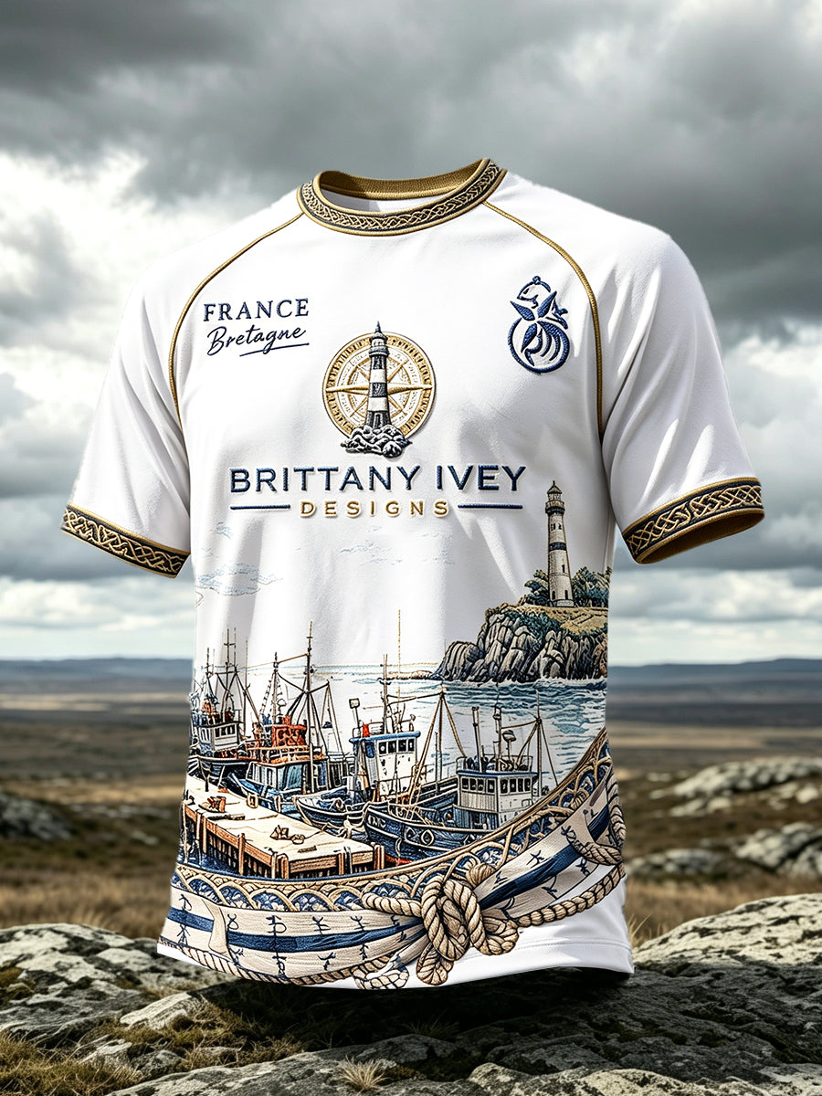 T-shirt décontracté à imprimé port français breton pour hommes