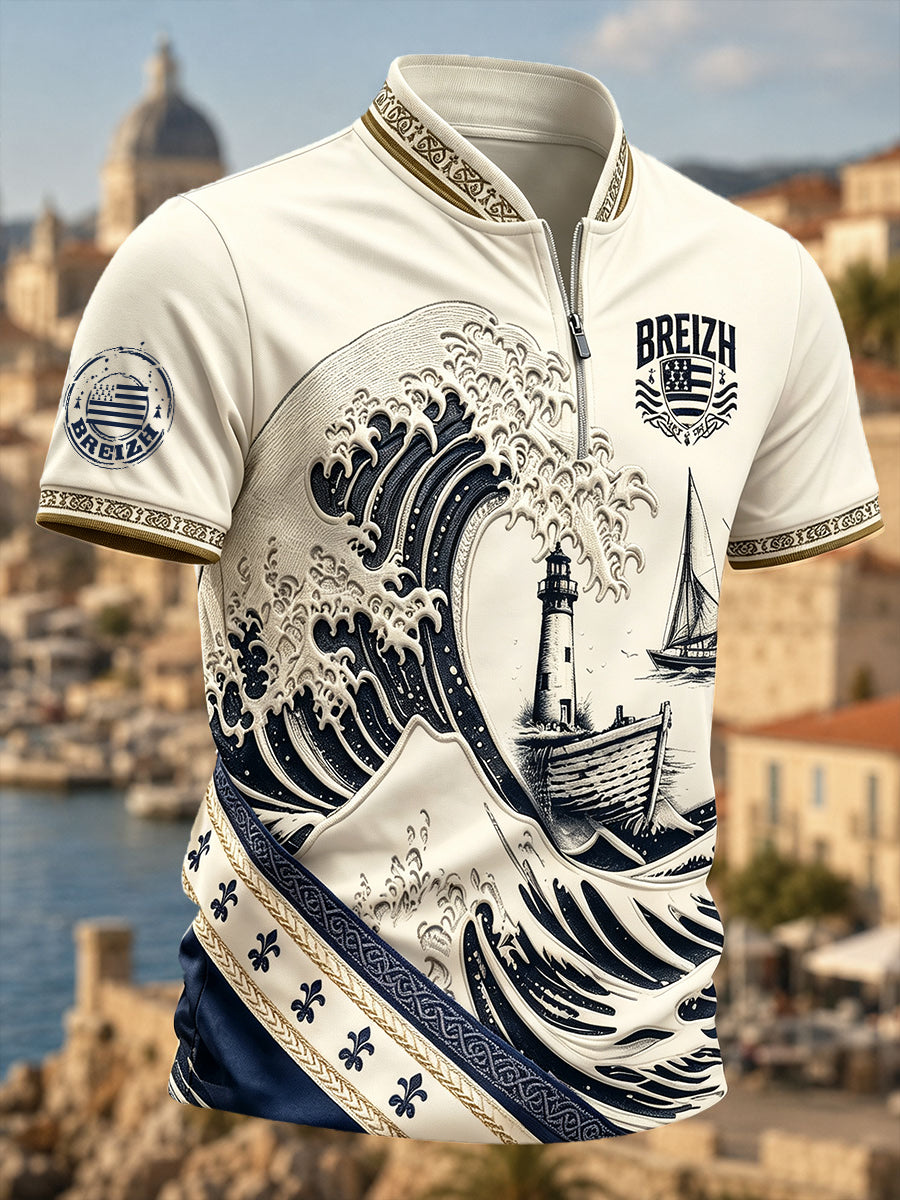 Rétro Français Bretagne Imprimer Casual Zip-Up T-shirt à manches courtes pour hommes