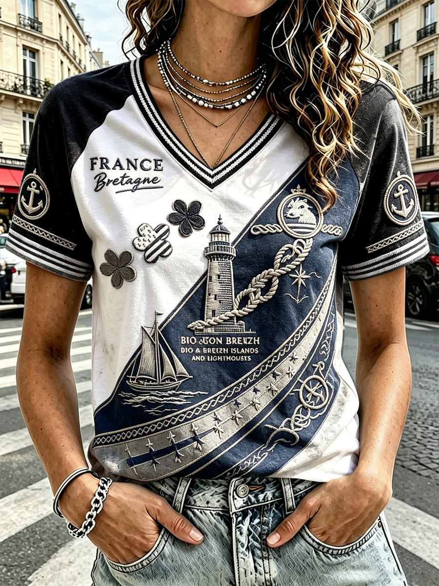 T-shirt décontracté à col en V avec imprimé patchwork français pour femmes