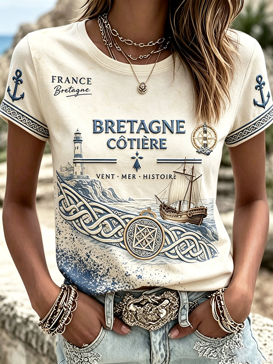 T-shirt décontracté pour femme, imprimé rétro beige représentant un phare breton et des Vikings