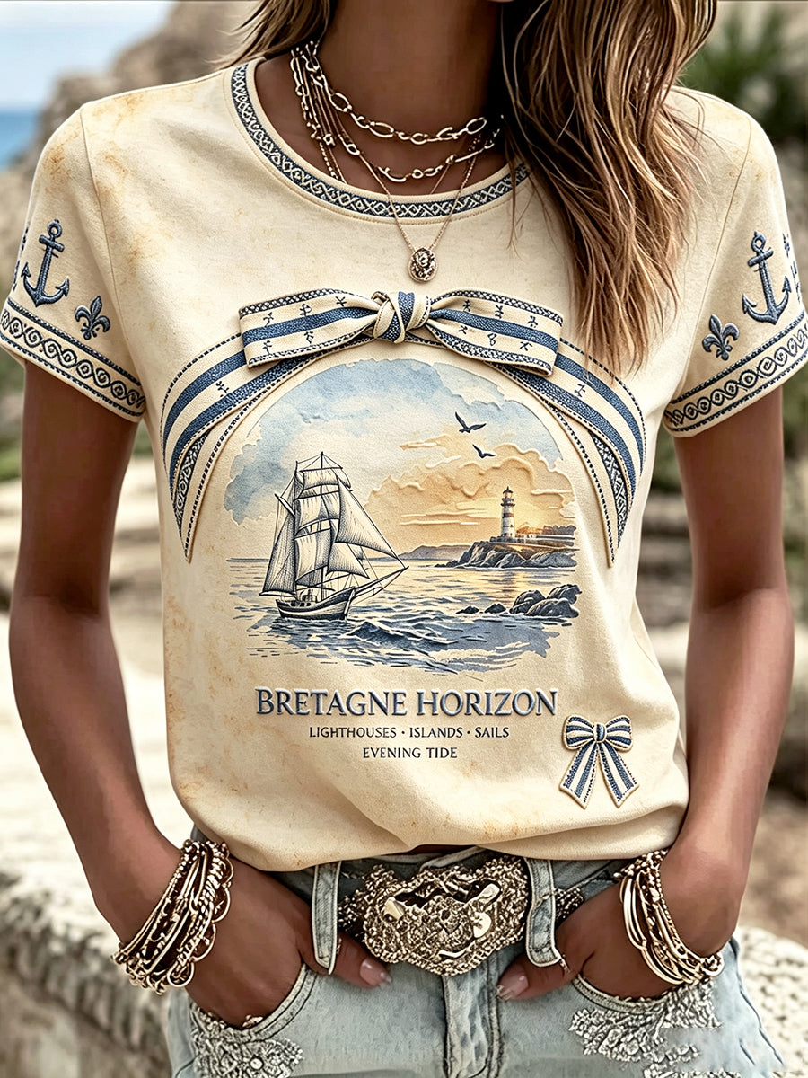 T-shirt décontracté pour femme, imprimé rétro beige représentant un phare breton et un voilier français