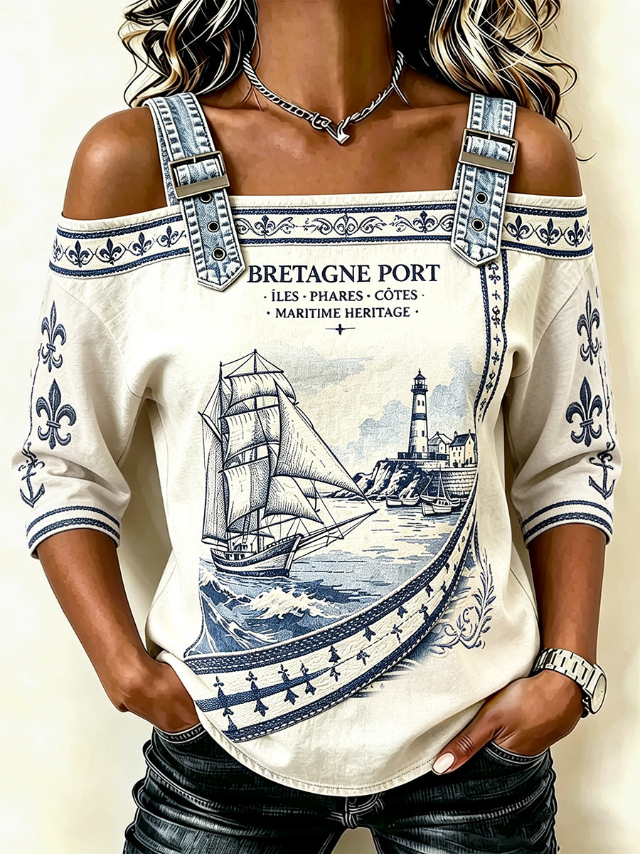 T-shirt sans bretelles décontracté d’été cool pour femme, imprimé rétro d’un phare breton français