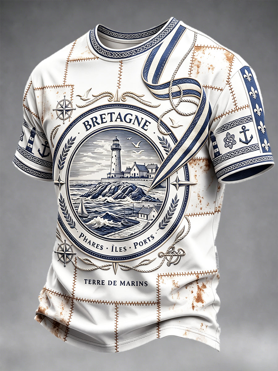 T-shirt décontracté pour homme, style vintage, motif patchwork représentant un phare de Bretagne, France