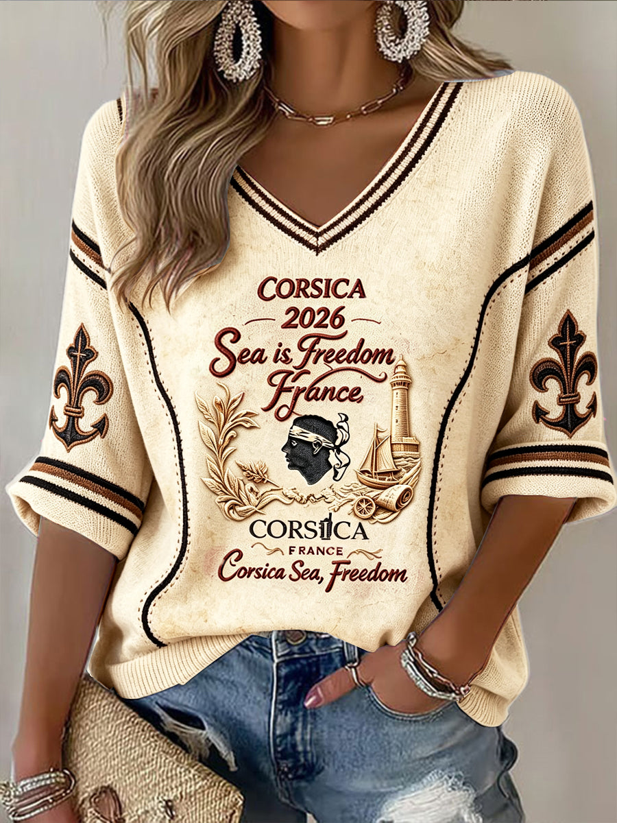 T-shirt décontracté à col en V pour femme, collection 2026, style rétro français et corse, avec impression 3D