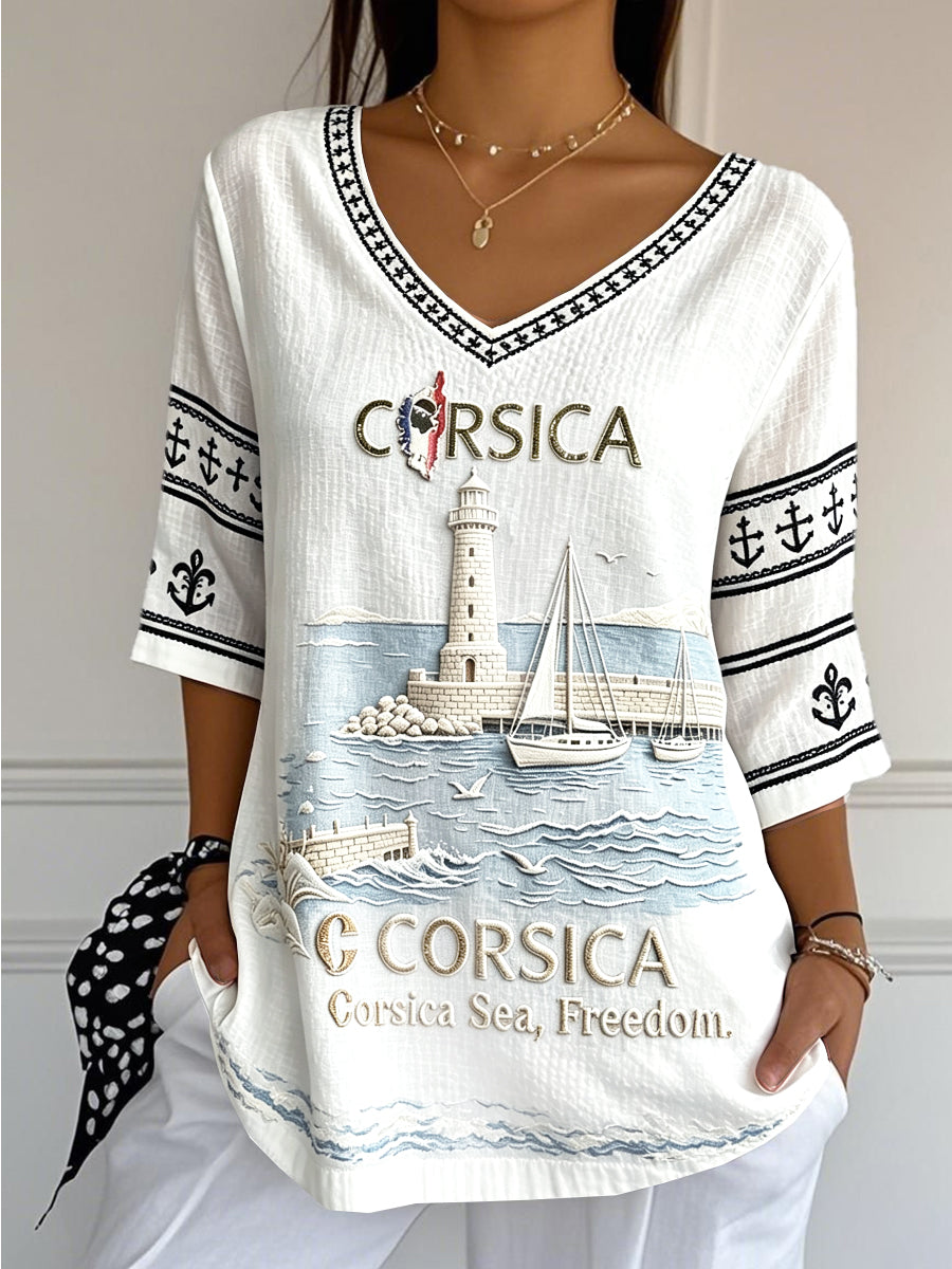 T-shirt femme en coton-lin blanc, col en V, motif imprimé «Voyage corse» à l’effigie de la France