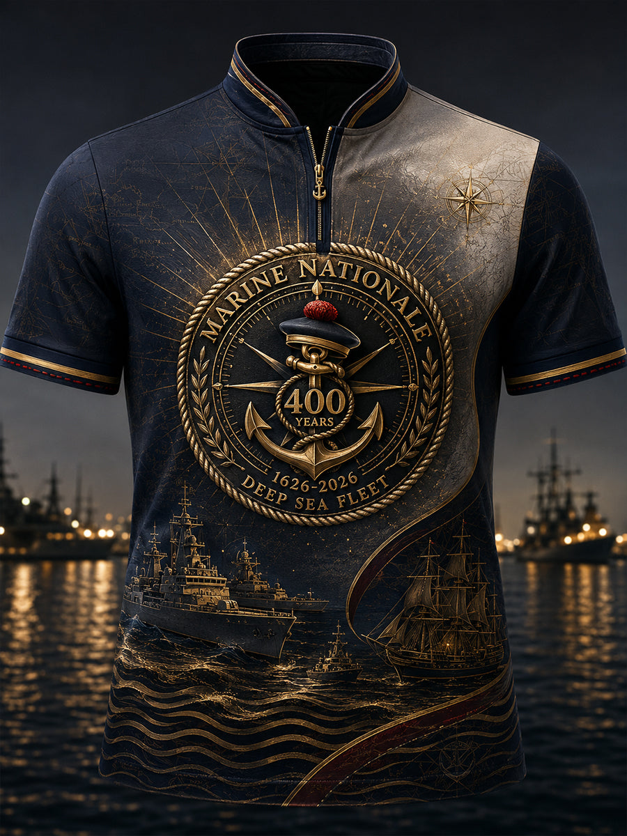 T-shirt manches courtes à fermeture éclair pour homme, marine français