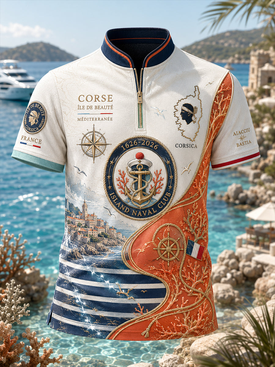 T-shirt manches courtes à fermeture éclair pour homme, marine français