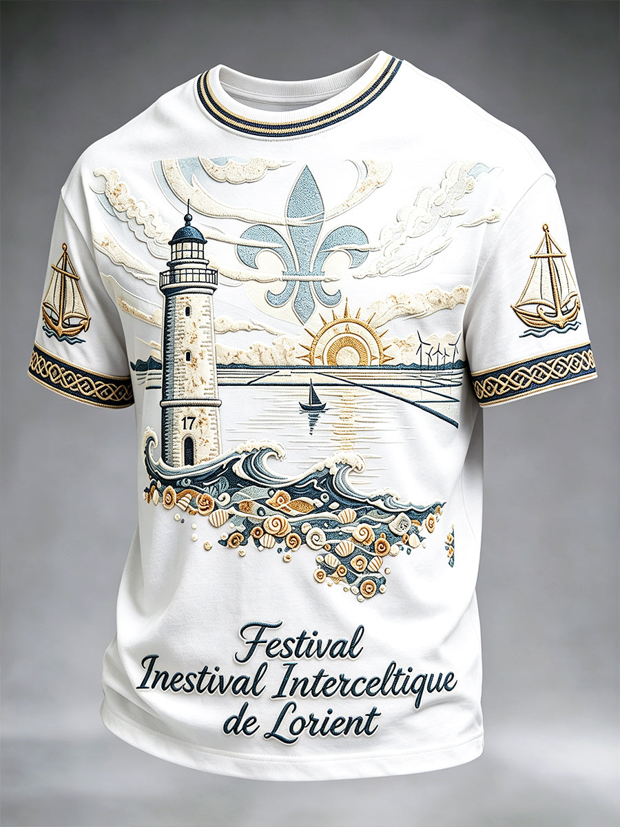 T-shirt décontracté pour homme, blanc, imprimé du Festival international celtique de Lorient, Bretagne française