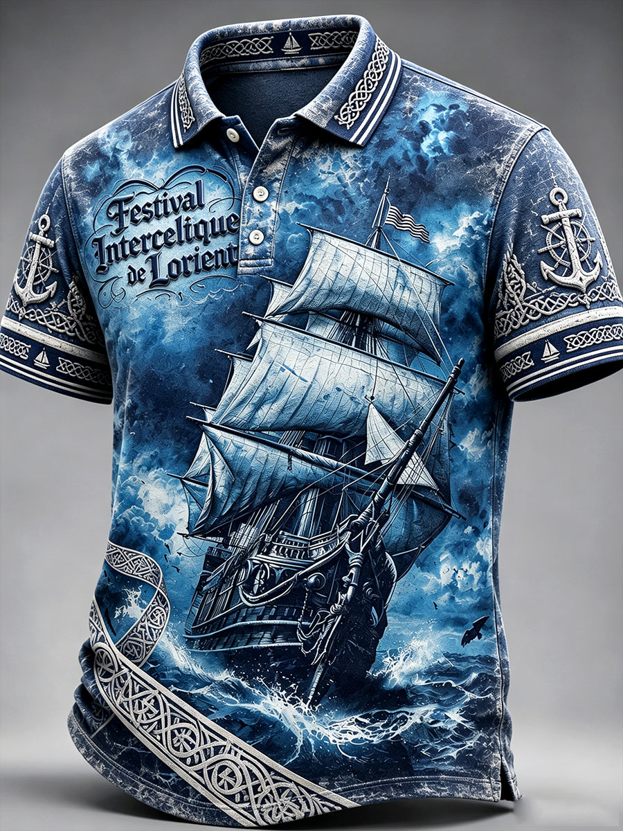 Polo décontracté pour homme, bleu, motif nautique du Festival celtique de Lorient, France