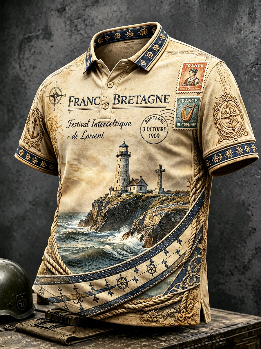 Polo décontracté vintage pour homme, imprimé phare, Festival celtique de Lorient, France
