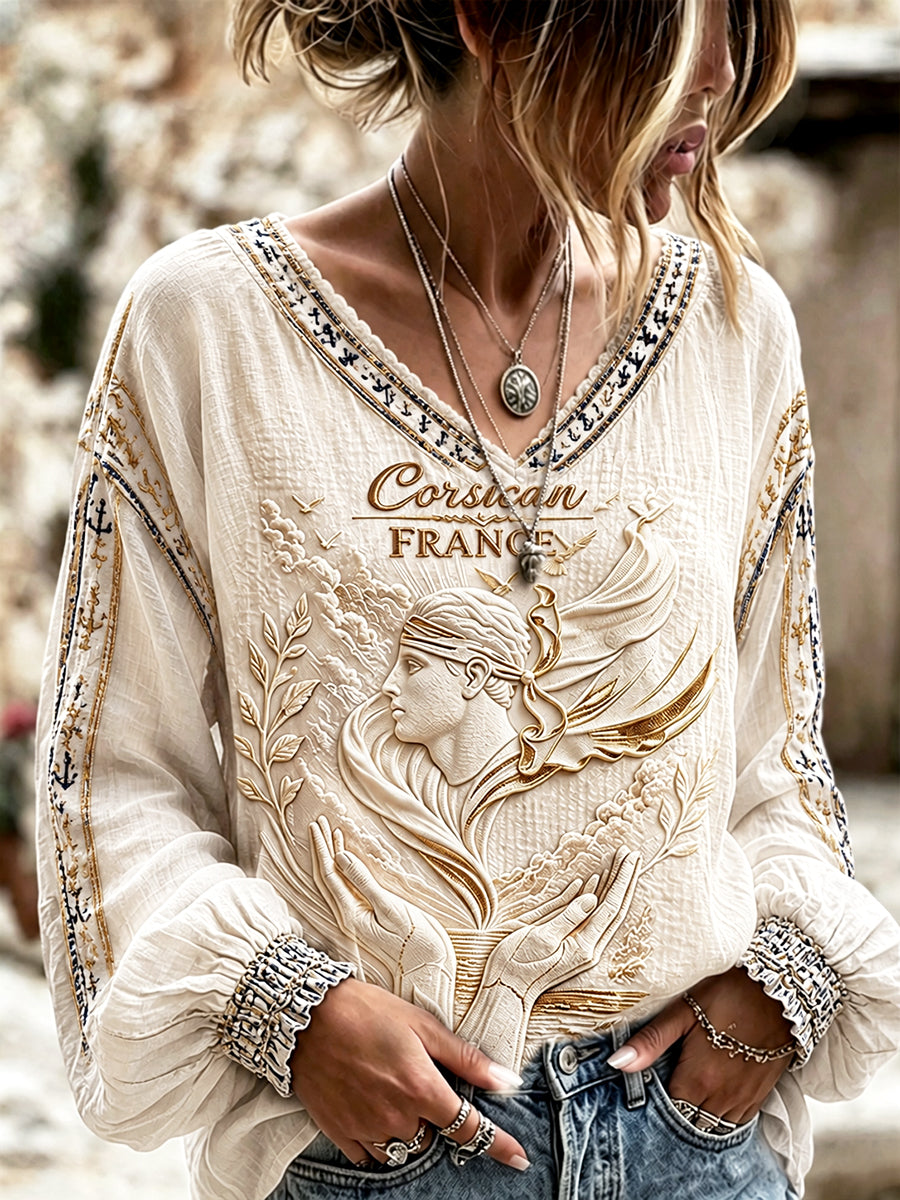 T-shirt femme blanc cassé à imprimé français corse, élégant et décontracté, en coton-lin, col en V, pour l’été