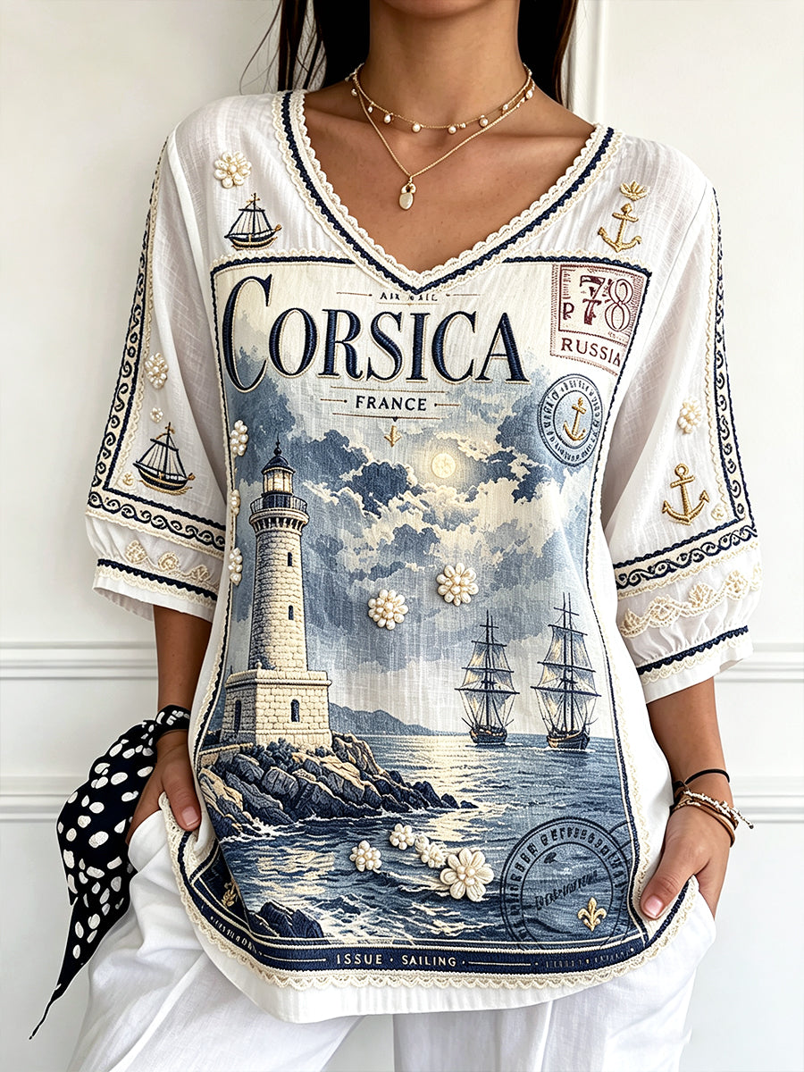 T-shirt d’été décontracté en coton-lin à col en V, imprimé patchwork français corse blanc pour femme