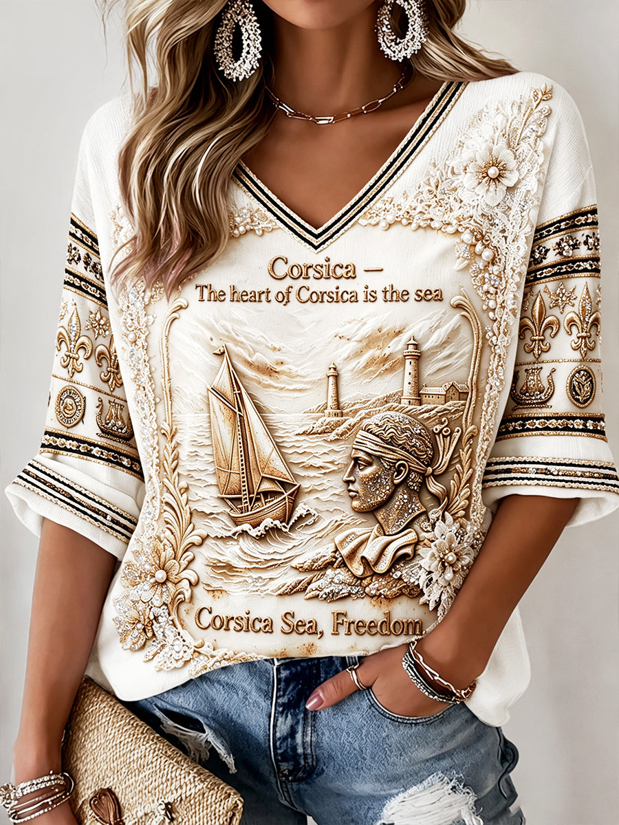 T-shirt décontracté à col en V imprimé français corse pour homme