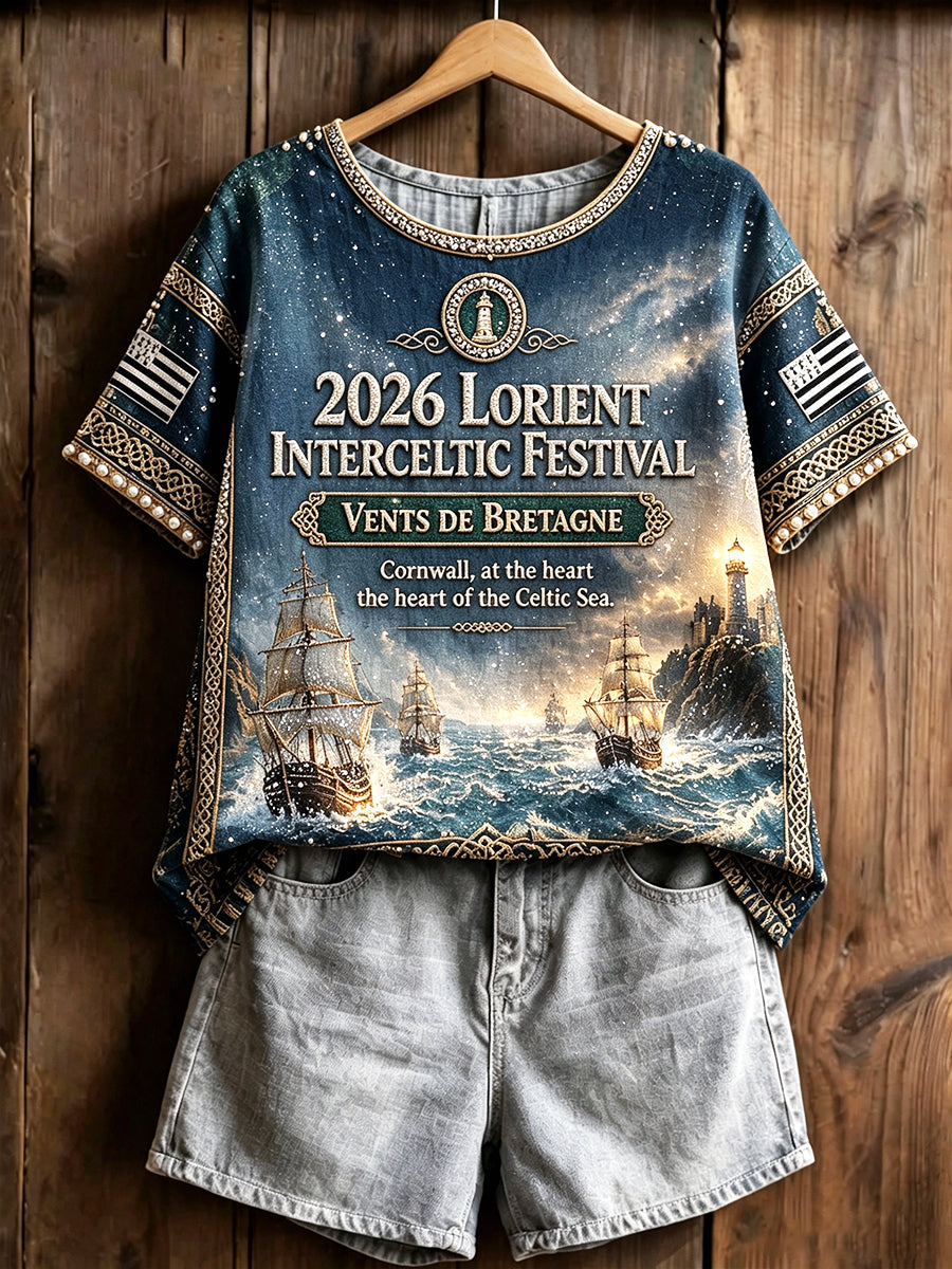 T-shirt léger en coton-lin léger imprimé festival celtique de Lorient à carreaux pour femme