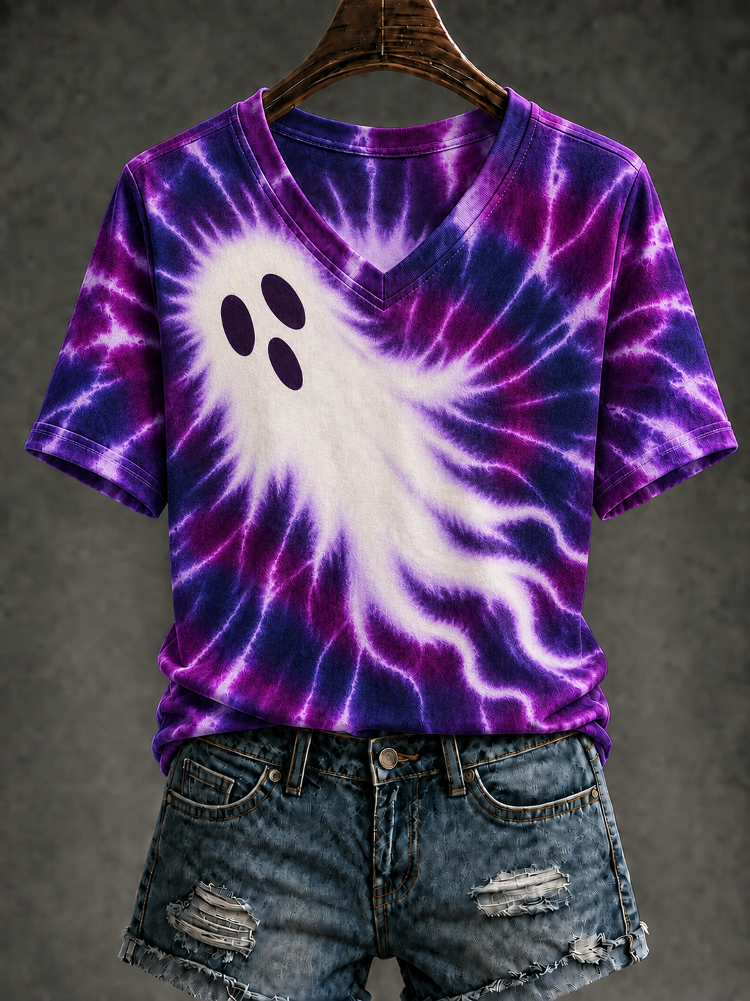 Women's Ghost Tie Dye Printed V-neck T-shirt