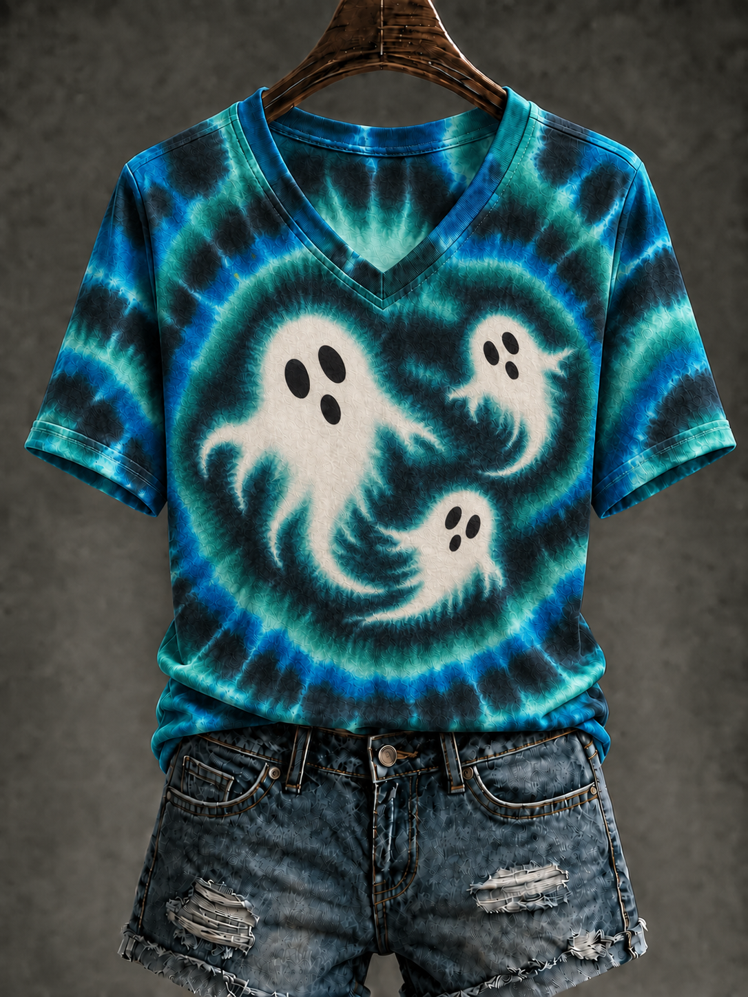 Women's Ghost Tie Dye Printed V-neck T-shirt