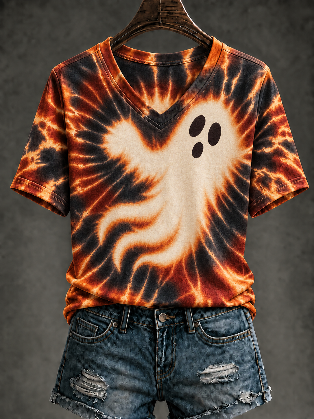 Women's Ghost Tie Dye Printed V-neck T-shirt