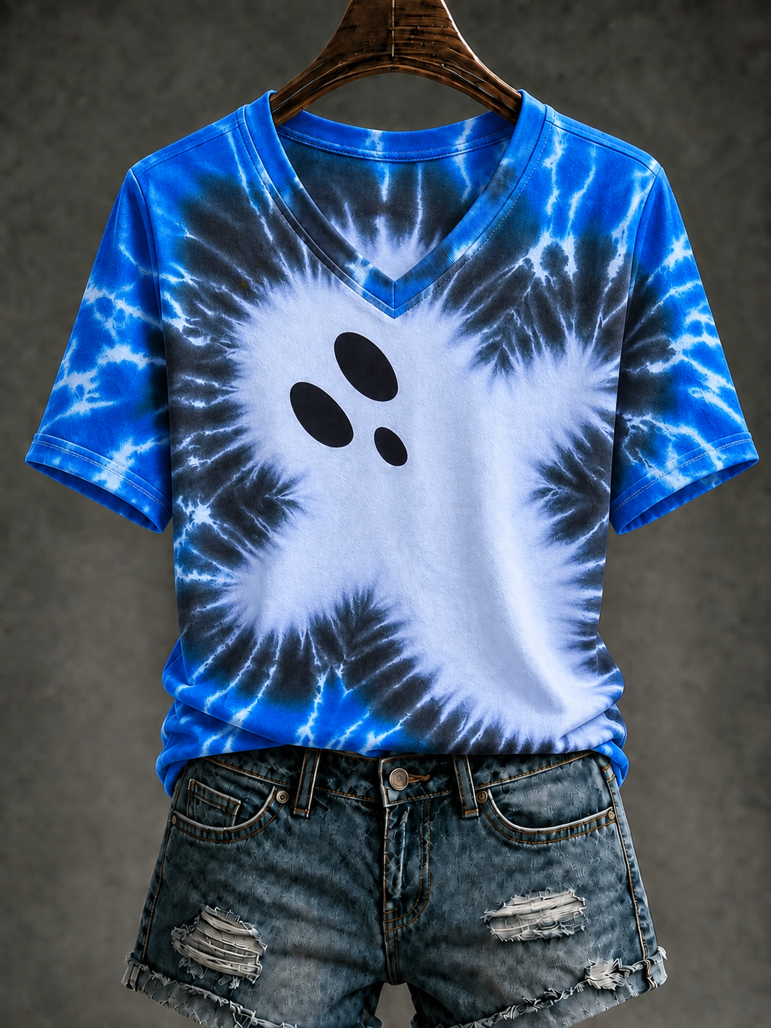 Women's Ghost Tie Dye Printed V-neck T-shirt