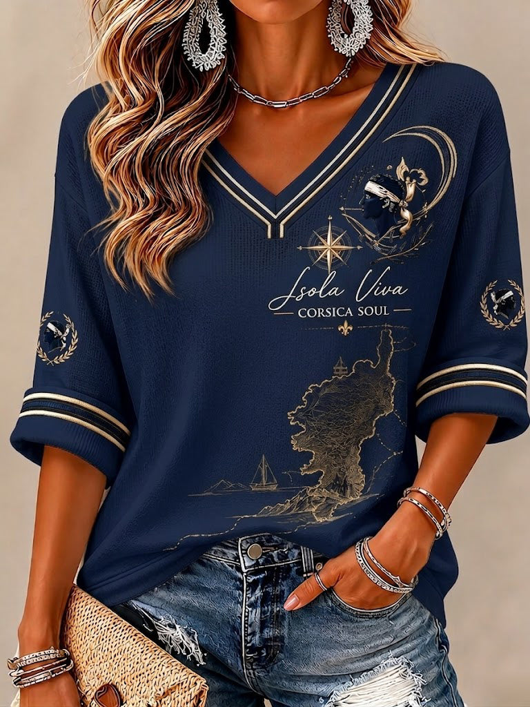 T-shirt femme à manches mi-longues et col en V, imprimé du drapeau de la Corse