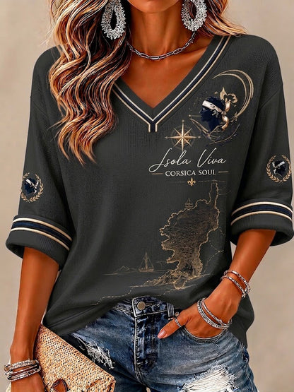 T-shirt femme à manches mi-longues et col en V, imprimé du drapeau de la Corse