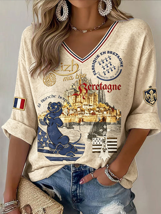Femmes Vintage Français Bretagne Mont Saint-Michel Imprimer T-shirt décontracté à col en V