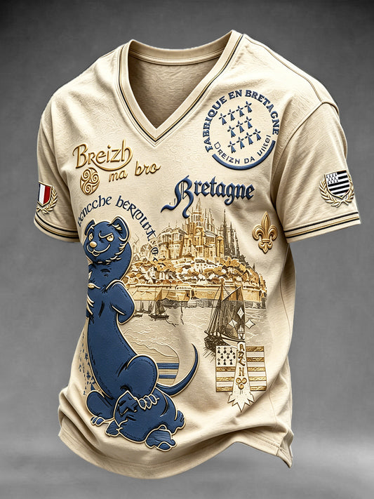 Vintage Français Bretagne Mont Saint-Michel Imprimer T-shirt décontracté à col en V pour hommes