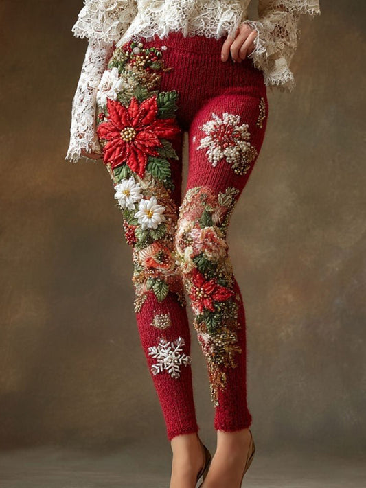 Women's Vintage Christmas Art Knit Cozy Leggings