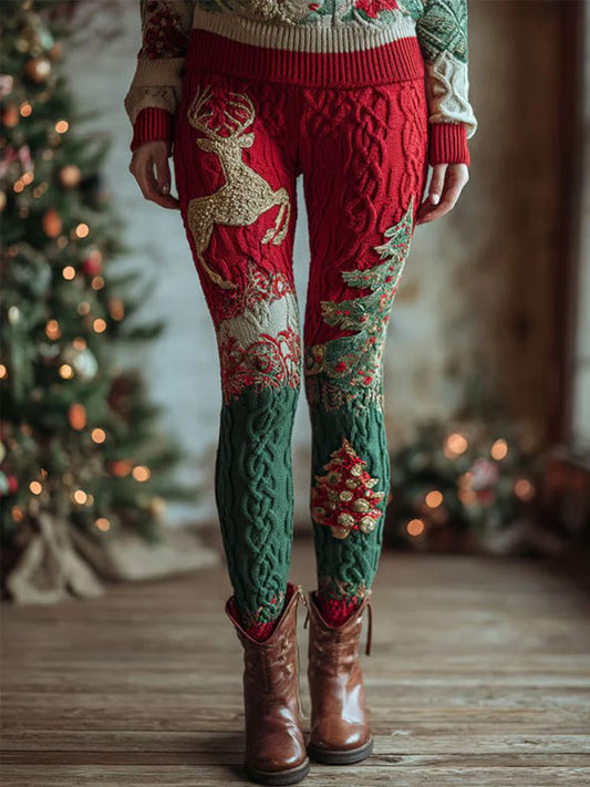 Women's Vintage Christmas Art Knit Cozy Leggings