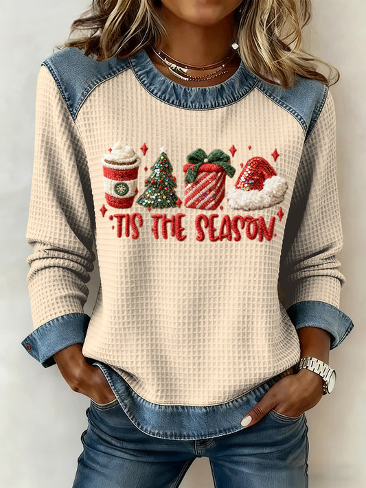 Women's Vintage Christmas Coffee Art Casual Waffle-Weave Top