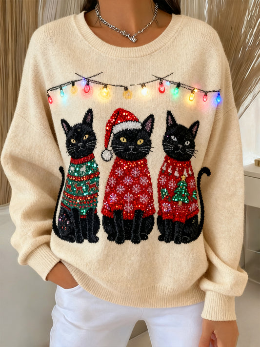 Women's Christmas Cat Art Casual Pullover Sweater