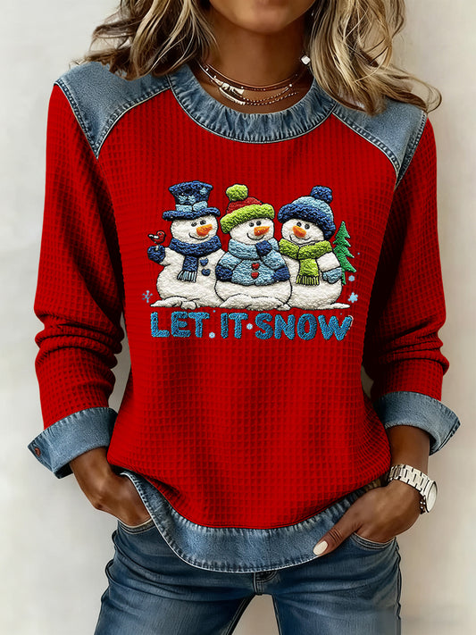 Women's Vintage Christmas Snowman Art Casual Waffle-Weave Top