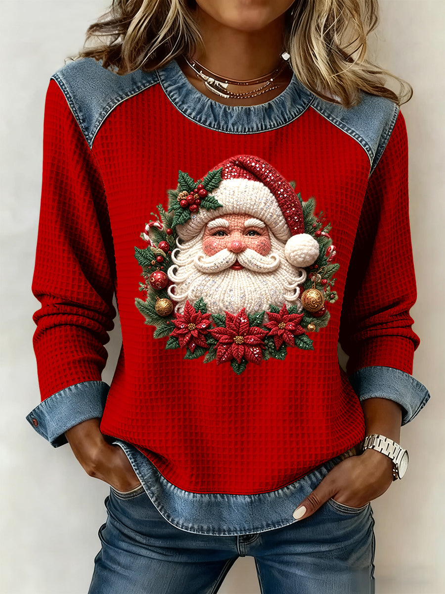 Women's Vintage Santa Claus Art Casual Waffle Weave Top