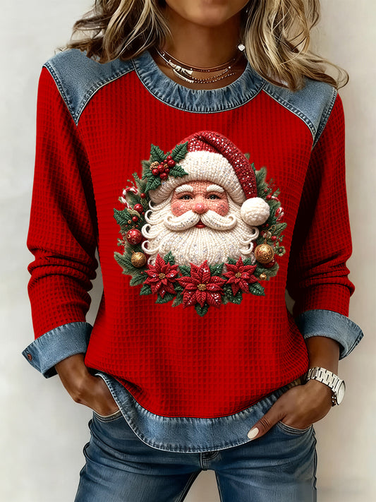 Women's Vintage Santa Claus Art Casual Waffle Weave Top