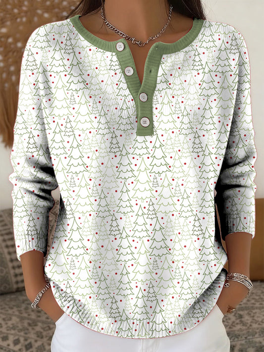 Women's Retro Christmas Tree Art Print Long-sleeve Sweater