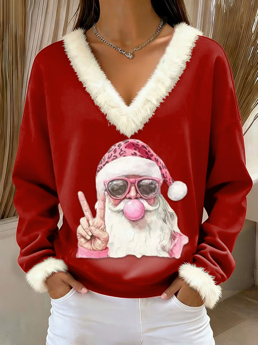 Women's  Retro Christmas Santa Claus Blowing Bubbles Loose Long Sleeved Fur-Trimmed Sweater