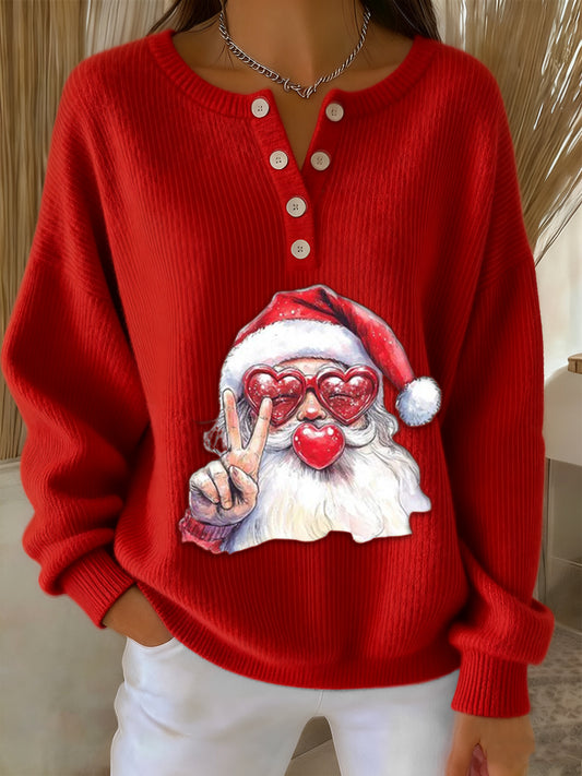 Women's Retro Christmas Santa Claus blowing bubbles Print Long-sleeve Sweater