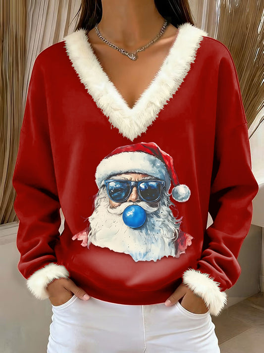 Women's  Retro Christmas Santa Claus Blowing Bubbles Loose Long Sleeved Fur-Trimmed Sweater