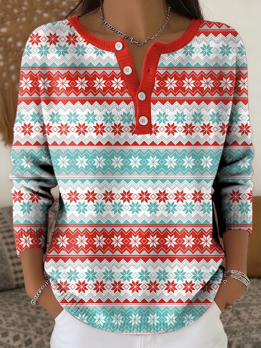 Women's Retro Christmas Snowflake Stripe Art Print Long-sleeve Sweater