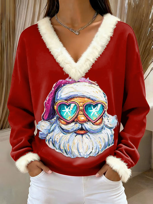 Women's  Retro Christmas Santa Sunglasses Loose Long Sleeved Fur-Trimmed Sweater