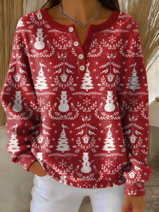 Women's Vintage Christmas Snowman Christmas Tree Art Print Long-sleeve Sweater
