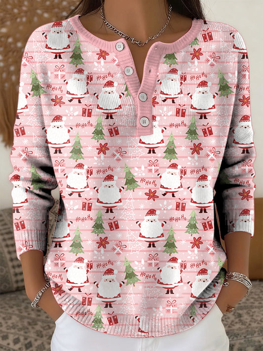 Women's Retro Christmas Santa Claus Christmas Tree Art Print Long-sleeve Sweater