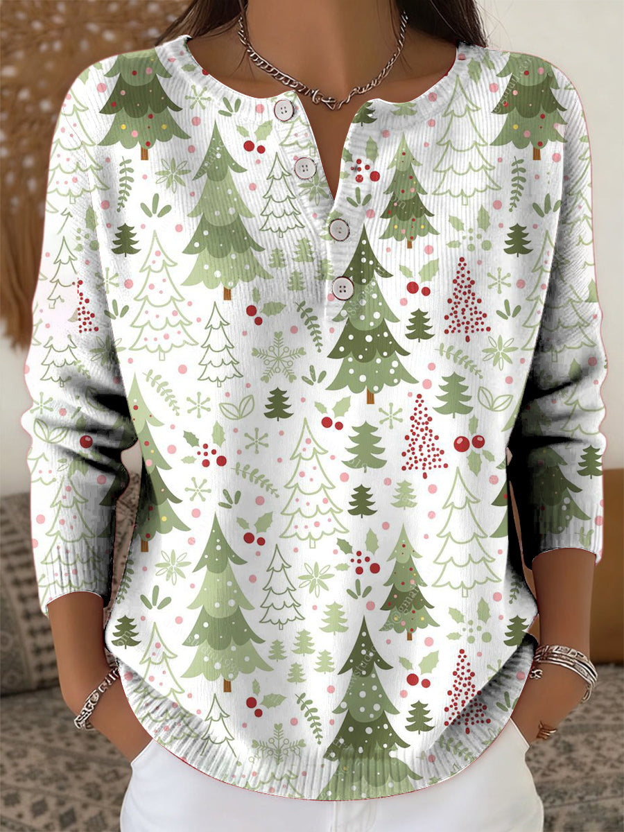 Women's Retro Christmas Tree Art Print Long-sleeve Sweater