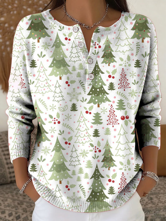 Women's Retro Christmas Tree Art Print Long-sleeve Sweater