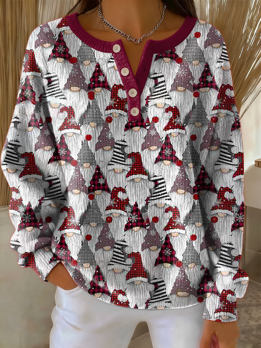 Women's Retro Christmas Gnome Art Print Long-sleeve Sweater