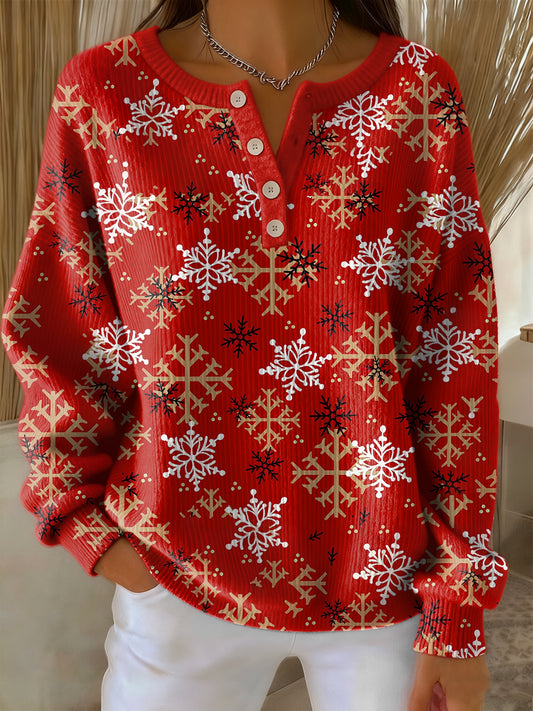 Women's Retro Christmas Snowflake Art Print Long-sleeve Sweater