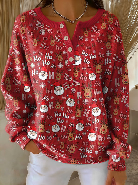Women's Retro Christmas HOHO Art Print Long-sleeve Sweater