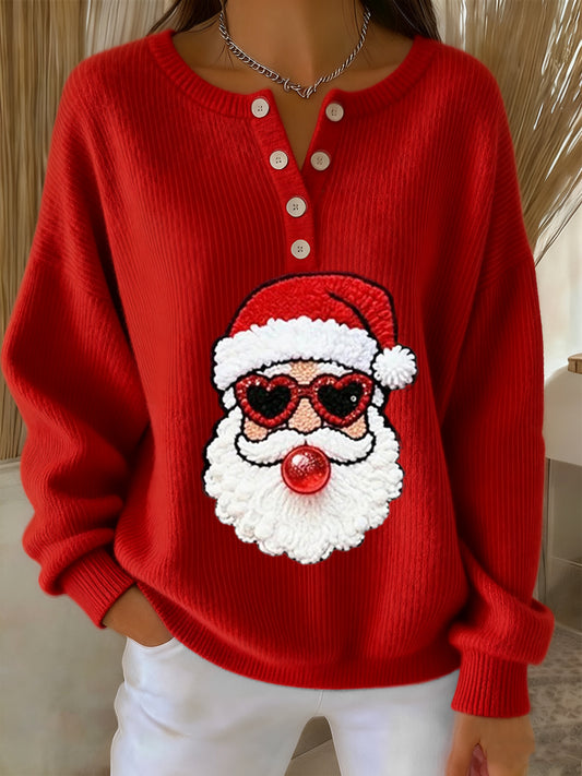 Women's Retro Christmas Santa Claus blowing bubbles Print Long-sleeve Sweater